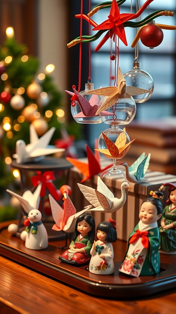 A variety of traditional Japanese Christmas ornaments including origami cranes, glass baubles, and ceramic figurines on a wooden table.